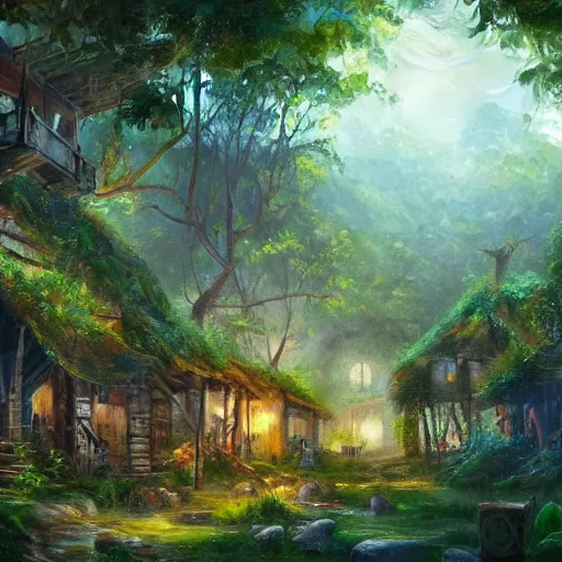 Image similar to the village in a bright jungle, dramatic lighting, oil painting, pale colors, high detail, 8 k, wide angle, trending on artstation,