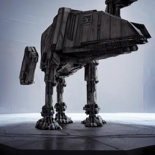 Image similar to a hyperrealistic octane render of a star wars at - at in the pose of the thinker by auguste rodin, unreal engine, 8 k, dramatic lighting, volumetric lighting, hyper detailed, photorealistic