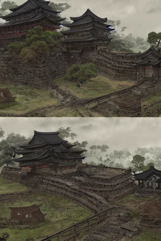 Image similar to detailed digital painting of old, ruined, japanese fort from sengoku period, overcast weather, environment concept art, photobash, overcast weather, unreal engine render, nanite