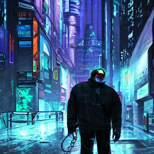 Prompt: Cyberpunk Gabe Newell standing in the street of a cyberpunk city at night in the rain, detailed