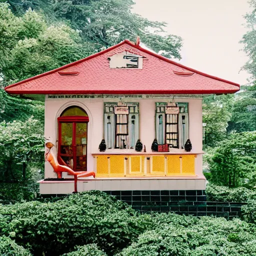 Prompt: a still from a Wes Anderson movie about a magical tea house