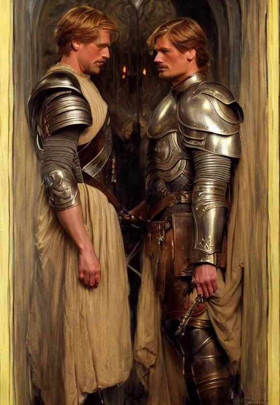 Image similar to attractive fully clothed jaime lannister confesses his love for attractive fully armored brienne of tarth. tender looks. highly detailed painting by gaston bussiere and j. c. leyendecker 8 k