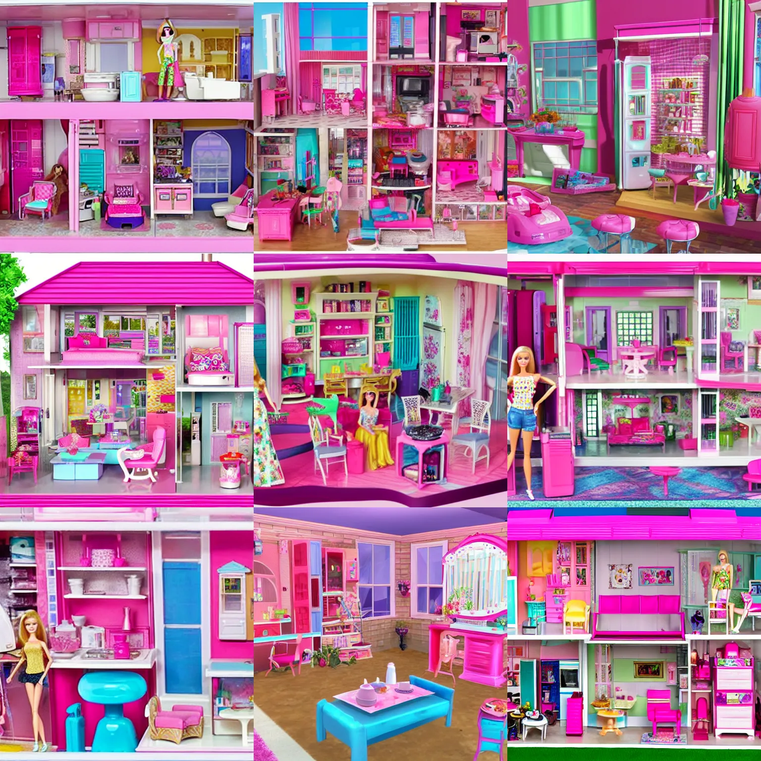 Prompt: barbie dreamhouse but it is all cluttered and full of junk because barbie is a hoarder