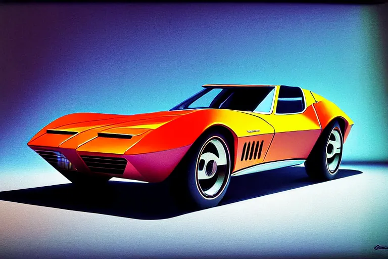 Image similar to designed by giorgetto giugiaro stylized poster of a single 1 9 6 9 corvette concept, thick neon lights, ektachrome photograph, volumetric lighting, f 8 aperture, cinematic eastman 5 3 8 4 film