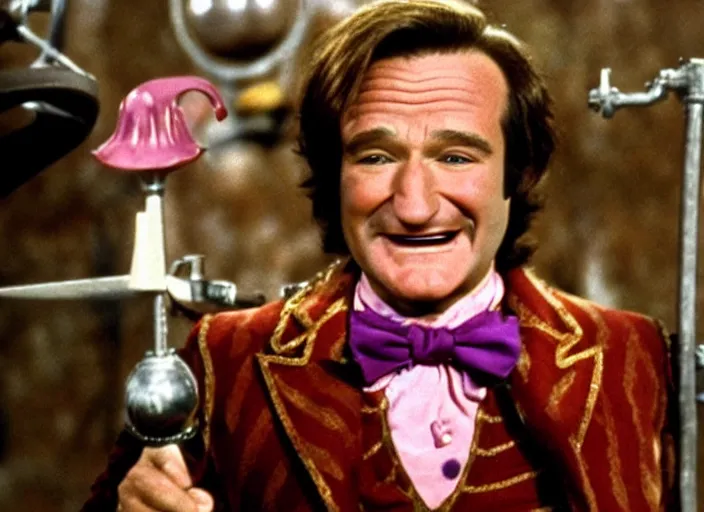 Image similar to film still of Robin Williams as Willy Wonka in Willy Wonka and the Chocolate Factory 1971