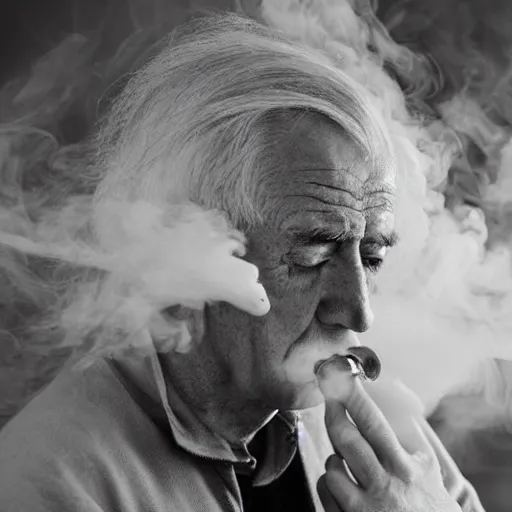 Prompt: wise old man, half face young, long white hair made of smoke coming out from a smoking pipe, meditation, photorealistic, intricate, elegant, hamingway.