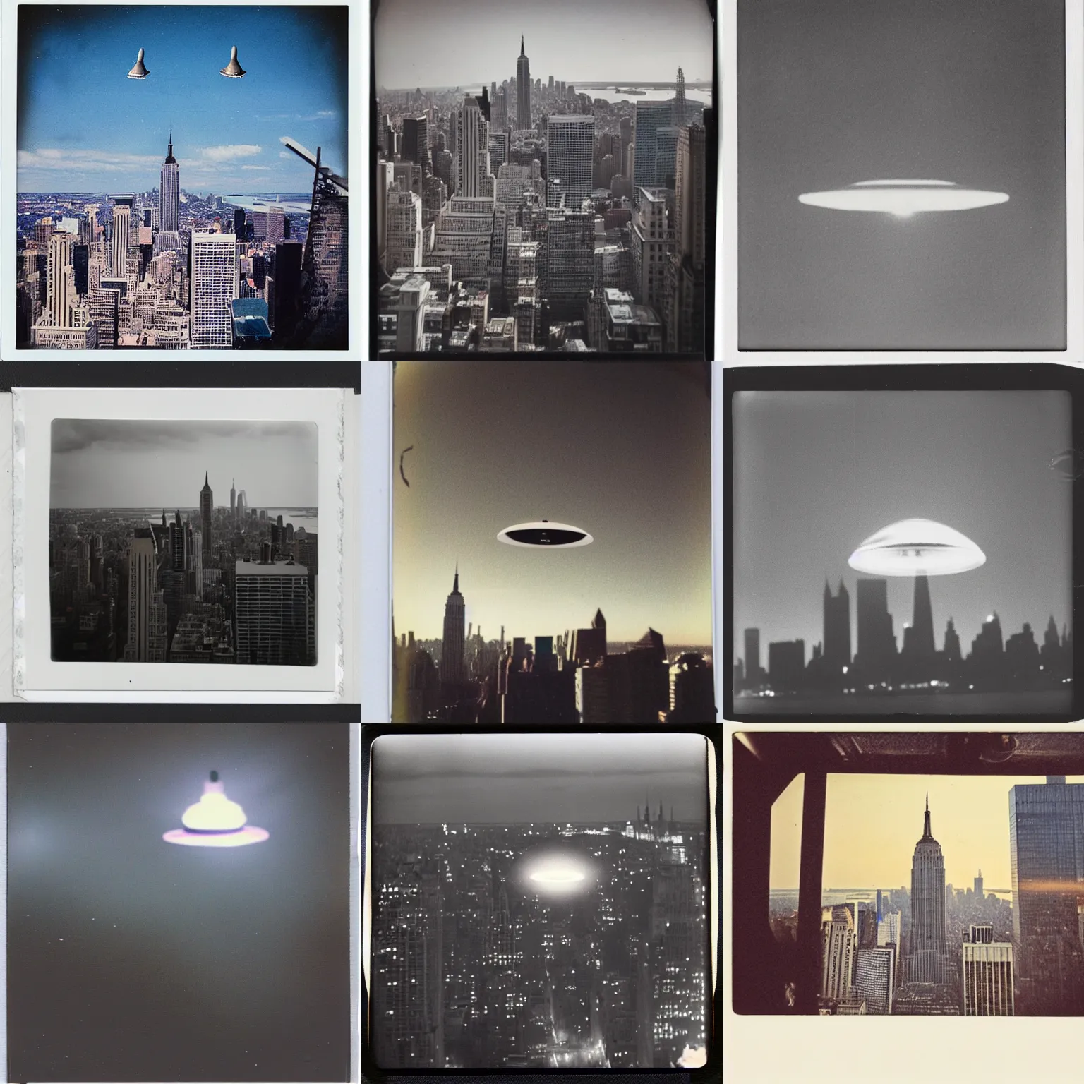 Prompt: a polaroid photo of a UFO over New York City