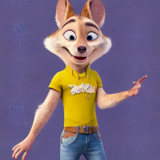 Prompt: 3 d render, portrait, mid shot, disney prince as a anthropomorphic mouse, female, blond fur, blue eyes, wearing denim short shorts, wearing a off yellow tank top shirt, solo, in the style of zootopia