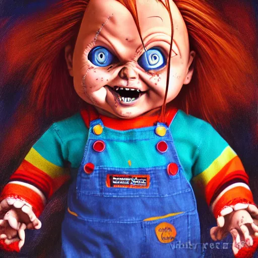 Image similar to Chucky the doll scary painting 4k detail