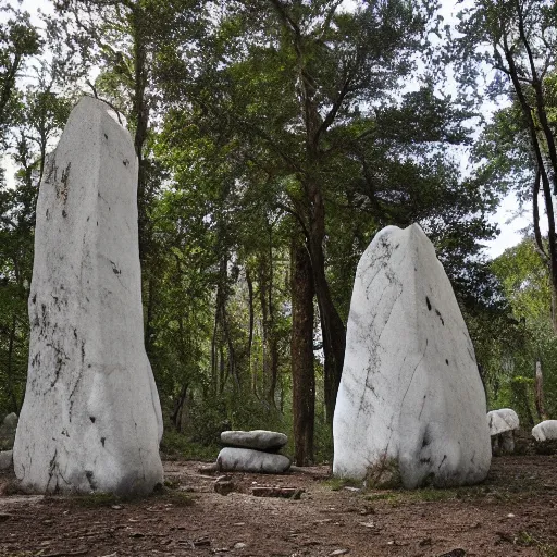 Prompt: white marble cliff in a meditereanian forest, with standing stones on top, by burdisio, alejandro