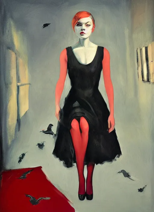 Image similar to a painting of annasophia robb standing on her knees, frozen cold stare, blood red background, transparent gray skirts, stockings, crows swarming trapped in the void as a symbol of death, in style of Edward Hopper, surrealism of Francis Bacon painting, Ilya Kuvshinov, John Singer Sargant, impasto textures of Chaim Soutine and Frank Auerbach, American Gothic, Japanese Gothic,