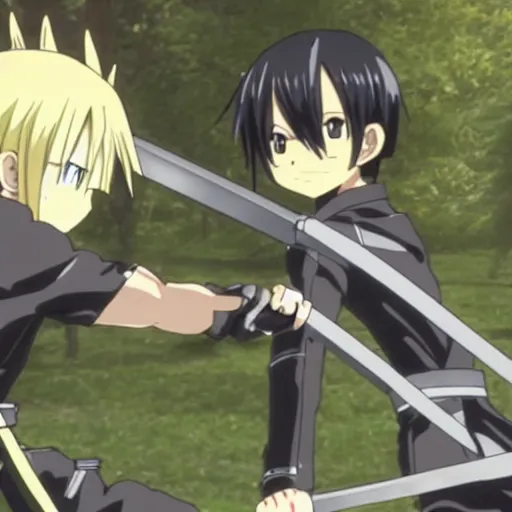 Prompt: Kirito in a sword fight with Trunks, screenshot from Sword Art Online