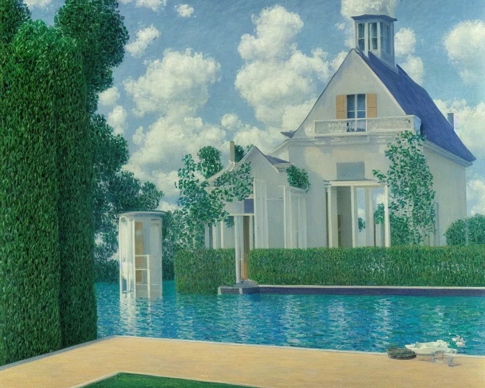 Image similar to achingly beautiful painting of a sophisticated, well - decorated, inspired pool house by rene magritte, monet, and turner.