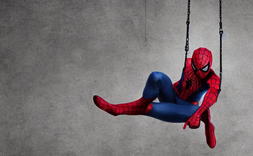 Image similar to Spiderman sad sitting in on a swing in front of his home, 8k