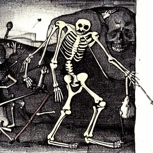 Prompt: a skeleton walking towards a man who is lying on a bed, in the style of Hieronymus Bosch.