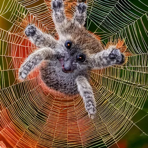 Image similar to spider quokka hybrid, weaving an intricate web, 🕷, happy, bold natural colors, national geographic photography, masterpiece, in - frame, canon eos r 3, f / 8. 0, iso 2 0 0, 1 / 1 6 0 s, 8 k, raw, unedited, symmetrical balance, wide angle