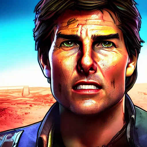 Prompt: tom cruise portrait, borderlands, tales from the borderlands, the wolf among us, comic, cinematic lighting, studio quality, 8 k