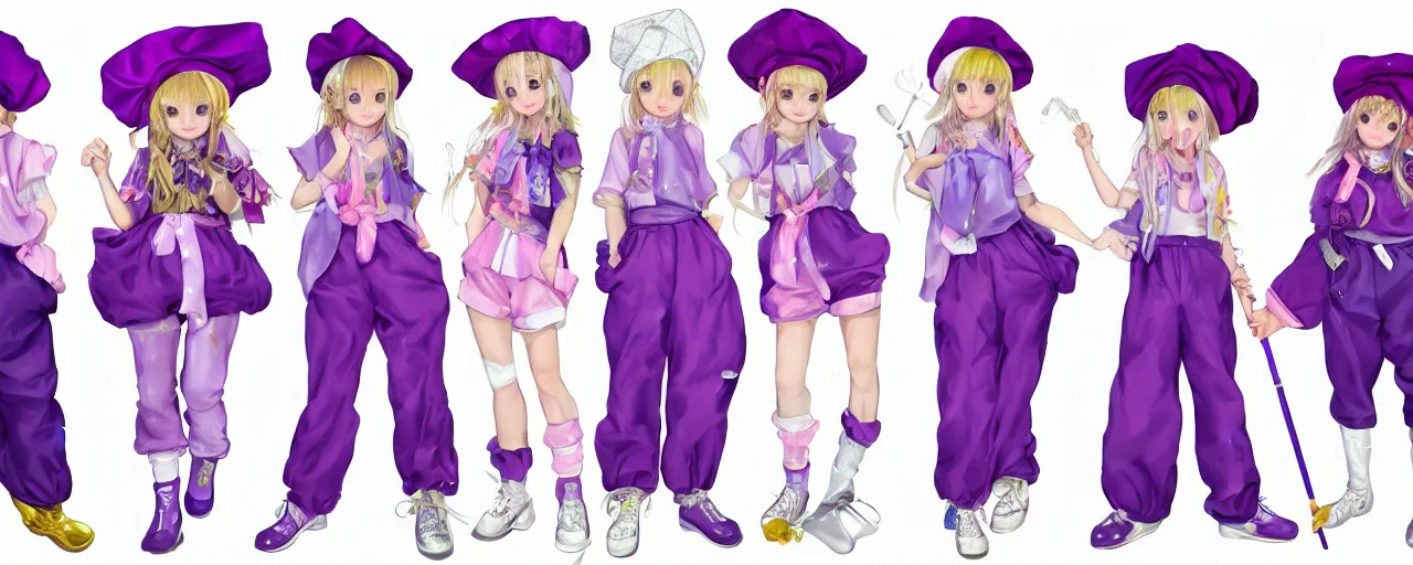 Prompt: A character sheet of full body cute magical girls with short blond hair wearing an oversized purple Beret, Baggy Purple overall shorts, Short Puffy pants made of silk, pointy jester shoes, a big billowy scarf, Golden Ribbon, and white leggings Covered in stars holding a paintbrush. Short Hair. Sunlit. Haute Couture. An artist\'s clothes. Art by william-adolphe bouguereau and Paul Delaroche and Alexandre Cabanel and Lawrence Alma-Tadema and Johannes Helgeson and WLOP. Smooth. Elegant. Highly Detailed. Intricate. 4K. UHD. Denoise.