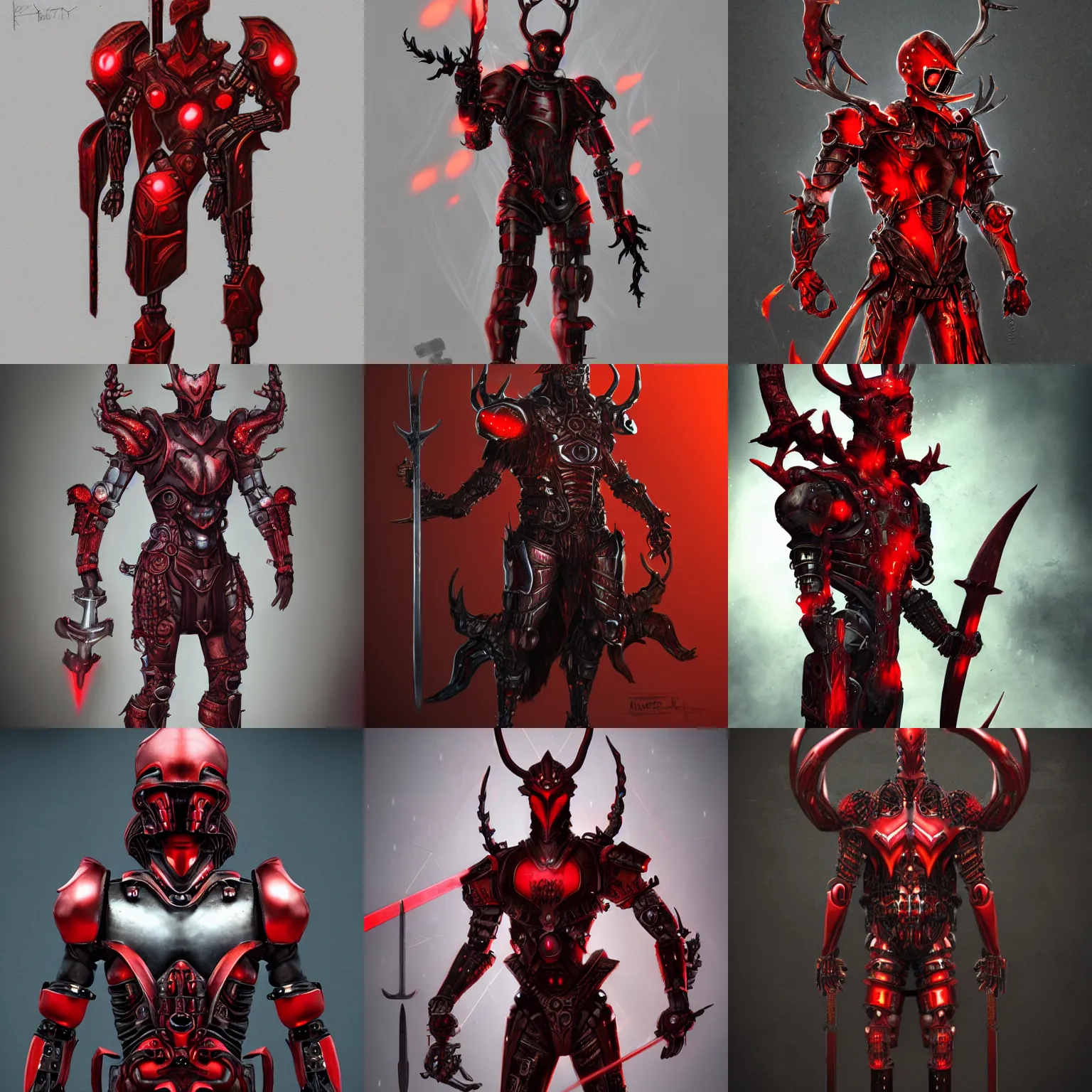 Prompt: humanoid warrior with a body of red matte thick metal scales, dark and ominous, cybernetic, character concept artwork, sword antlers, realistic, evil, gritty, matte, fire, detailed, rich iridescent colors, cgi, hd