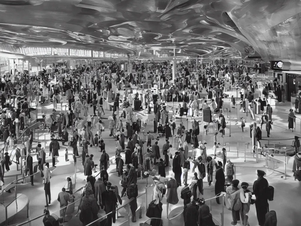 Image similar to kodachrome photo of the interior boarding area of a busy spaceport on future earth, intricate film still by stanley kubrick. very coherent photograph. cinematic, hyperrealistic, high detail