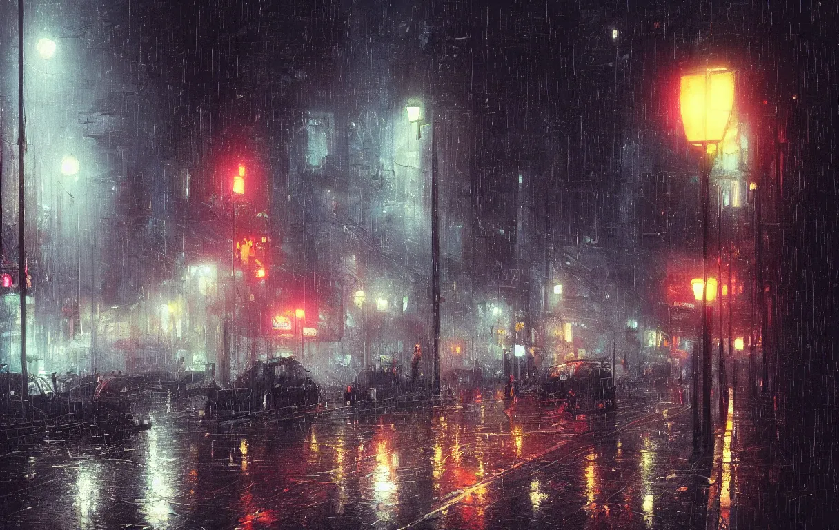 Image similar to A digital painting of a close-up view of a raining cyberpunk street, some street lights and padestrians, by Ismail Inceoglu and Caspar David Friedrich, stunning, photorealistic, highly-detailed, 4k, ue5, light effect, rtx on, realistic, cinematic, IMAX quality, trending on artstation