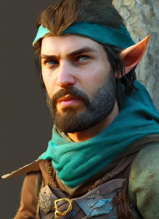 Image similar to an arrogant half-elf ranger, teal tunic, teal headband, shaggy brown hair, scruffy beard, scar on face, D&D Concept Art, unreal 5, DAZ, Apex legends concept art, realism, portrait painting, hyperrealistic, octane render, cosplay, RPG portrait, dynamic lighting, epic, striking, hyper real, comic book style art