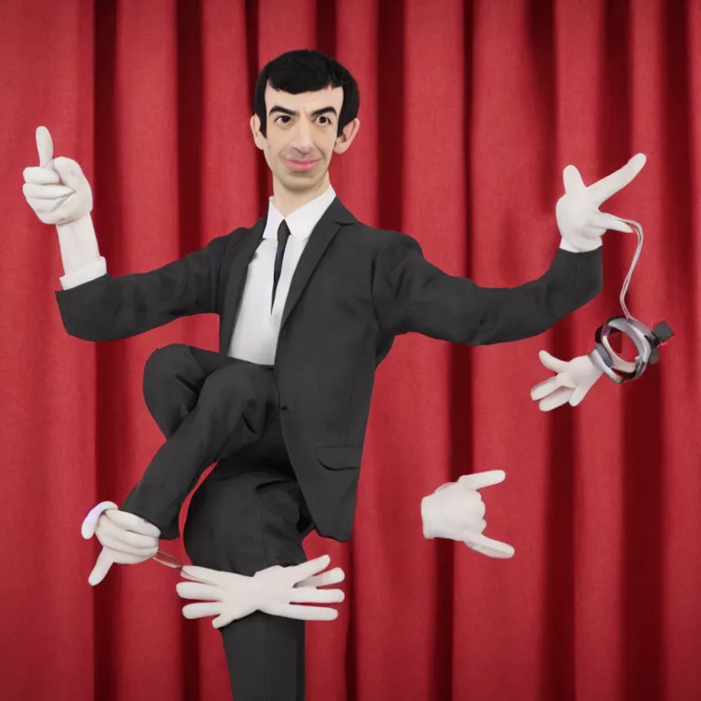 Image similar to dslr photograph of detailed realistic nathan fielder from nathan for you on comedy central on a stage with a red curtain as multiple marionette puppets controlled by hands holding the strings filmed by a tv crew, high detail!!! 8 k photorealism sharp focus volumetric lighting, coherent!!! art directed, rule of thirds
