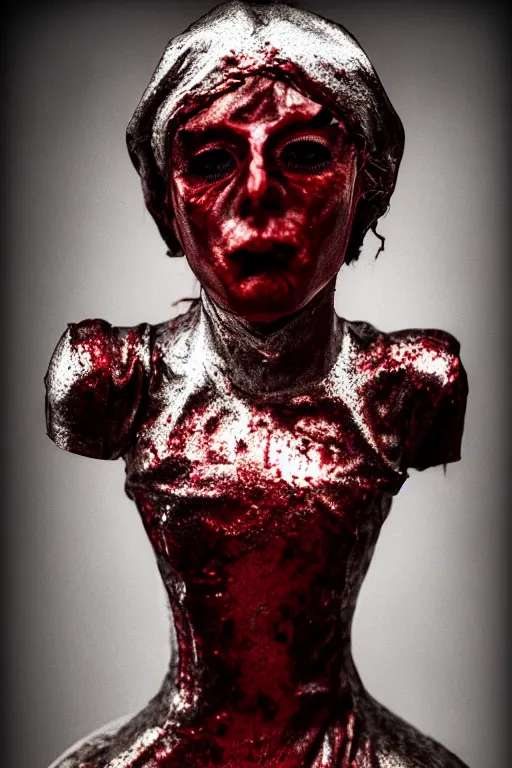 Prompt: russian matrioska made with chrome, metallic sculpture, layed on a red velvet fabric, by hedi xandt and emil melmoth, macabre art, dark surrealism, epic and cinematic view, volummetric light, texturized, detailed, 8 k
