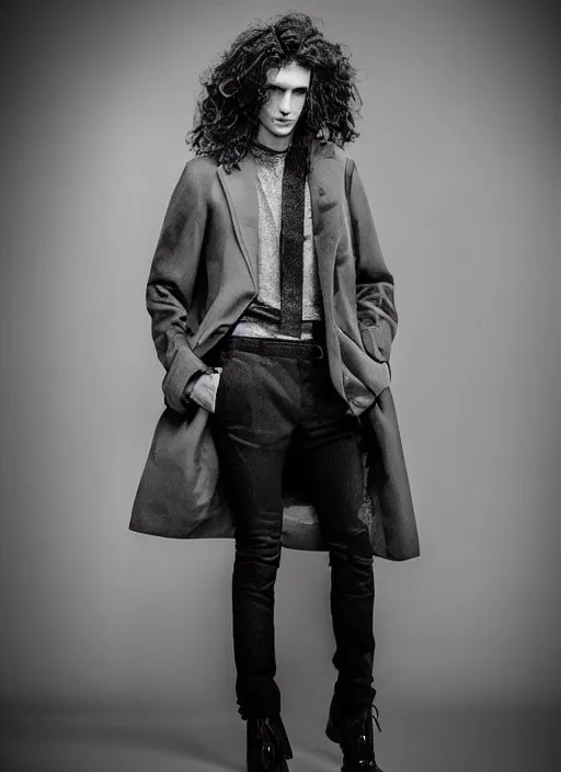 Prompt: a male model in designer clothes ; long curly hair ; pretty face ; high fashion ; editorial look ; unreal engine