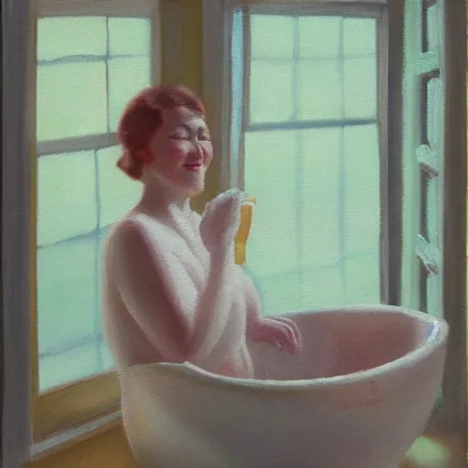 Image similar to oil painting of woman smiling with her eyes closed as she bathes in milk, evening moody lighting from art deco window