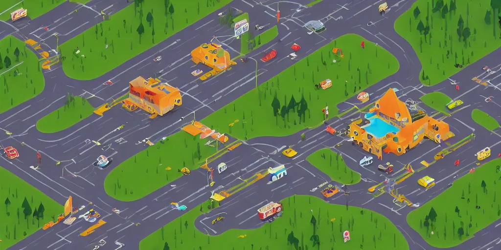 Prompt: isometric map, simon stalenhag, very coherent, 4 k,