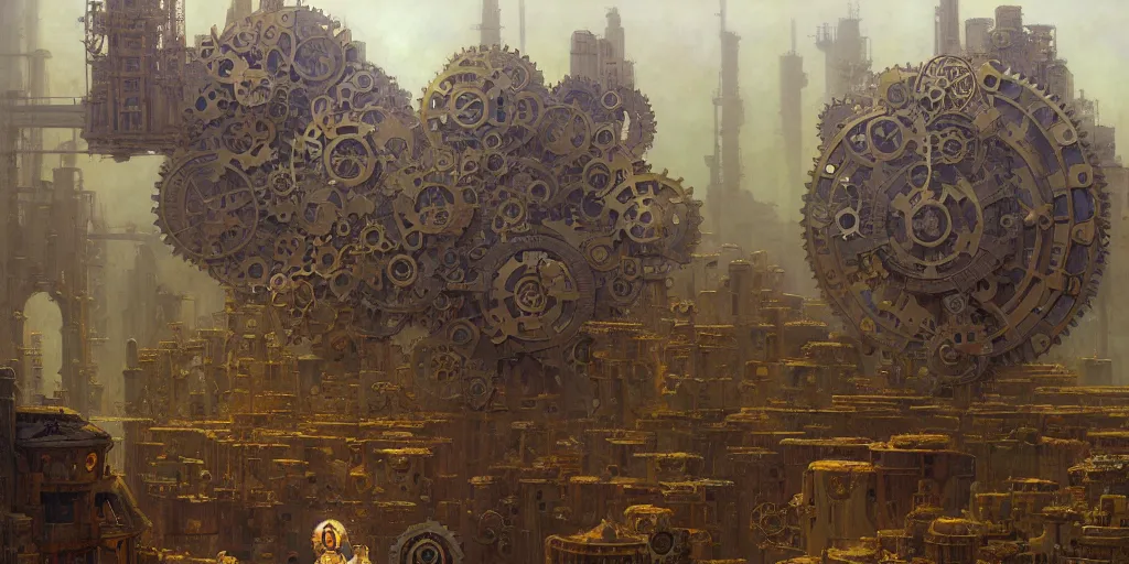 Image similar to giant interlocked cogs sprockets gears cogs, giant geometric mechanisms structures floating in space, industry, villages castles, buildings vista artstation illustration sharp focus vista painted by ruan jia raymond swanland lawrence alma tadema zdzislaw beksinski norman rockwell tom lovell alex malveda greg staples