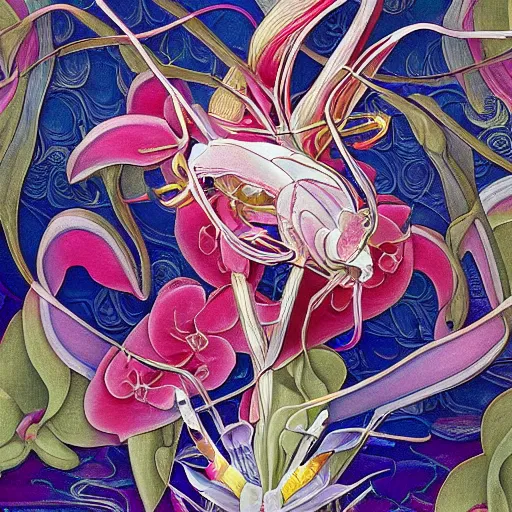 Image similar to majestic colorful orchid mantis enamel by leon bakst and yoshitaka amano, cloisonne, beautiful hyperdetailed art nouveau orchids, james jean, amanda sage