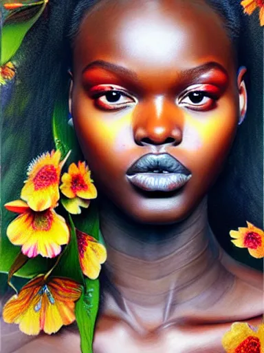 Image similar to portrait of duckie thot with a floral background : : painted by artgerm, karol bak, artur bordalo, sandra chevrier : : portrait, character, illustration, hyperrealism, photorealism