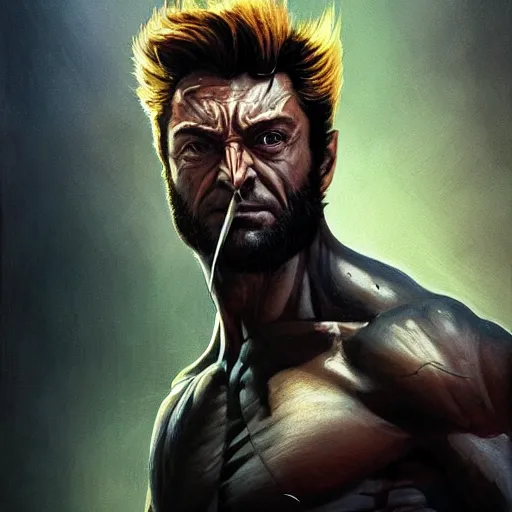 Prompt: wolverine starring into the camera, fixed eyes, cinematic, surreal, dramatic lighting, face, detailed, intricate, elegant, highly detailed, digital painting, artstation, chalk, concept art, smooth, sharp focus, illustration, art by sam spratt, dan mumford, artem demura and alphonse mucha