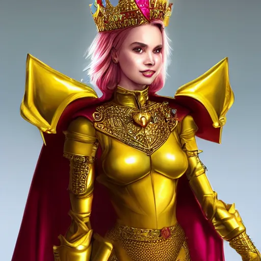 Prompt: a portrait of a beutifull women , golden armor with diamonds , bright red cape on her back , red puppils , queen crown on top of her head , fantasy, Pink short hair, beautifull smile, perfect simetrycal face proportion , artstation , by wlop , ross tran, peter xiao , dao lee