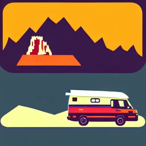 Image similar to vector art of a white and black cute thor chateau! motorhome camper!!, highway, mountains and colorful sunset!!, very very happy, dramatic motion, warm colors, crisp lines, very minimal vector art, sticker!! by tom whalen