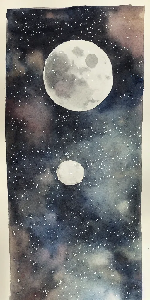 Image similar to traditional oriental water colour of space, liminal, lonely, highly detailed, black ink, moon hovers above