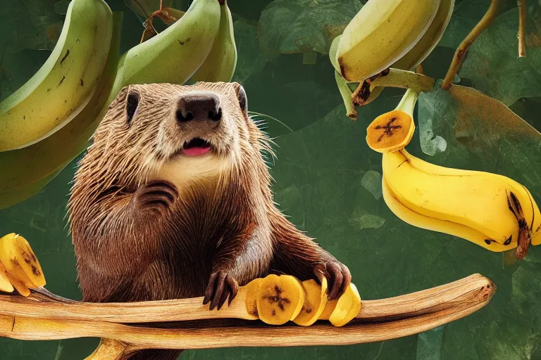 Image similar to a beaver stealing bananas from an orphanage, 4 k, extremely detailed, high quality, award - winning,