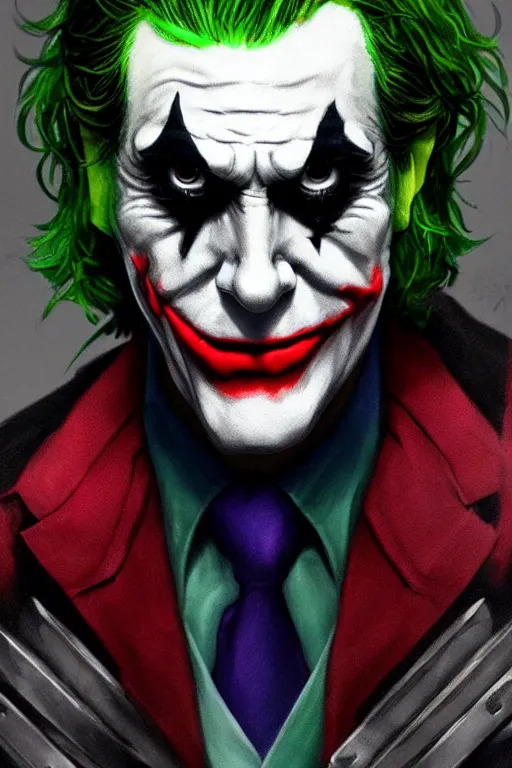 Image similar to Joker wearing armor, artstation, highly detailed, highly realistic