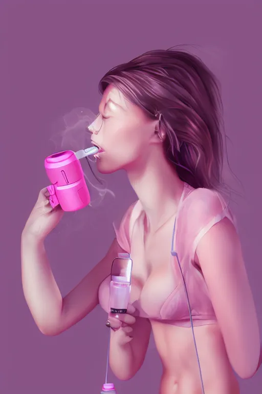 Prompt: Beautiful, Cute Woman Breathing Through a Handheld Pink Vapor Inhaler Machine, side view, fantasy, magic, ultra detailed, digital art, trending on artstation, illustration