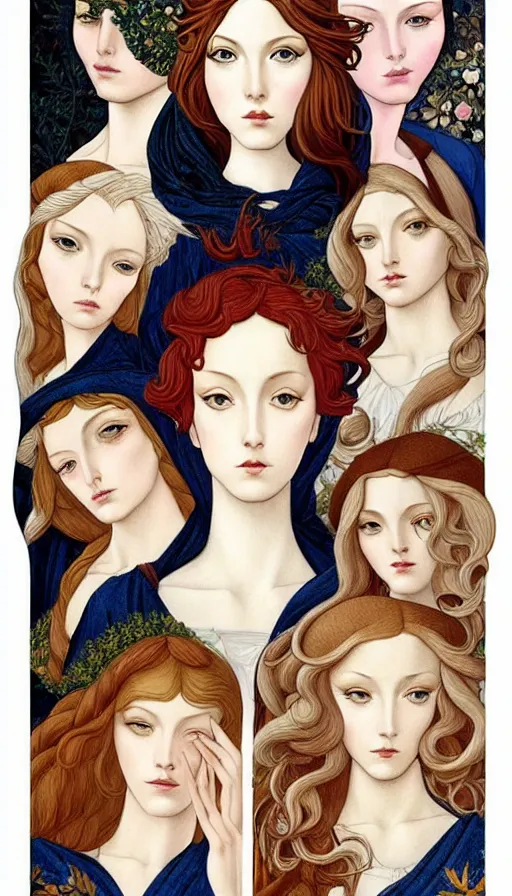 Image similar to the 12 months of the year as 12 figures, (3 are Winter, 3 are Spring, 3 are Summer and 3 are Autumn), in a mixed style of Botticelli and Æon Flux!!, inspired by pre-raphaelite paintings and shoujo manga, stunningly detailed, stunning inking lines, flat colors, 4K photorealistic
