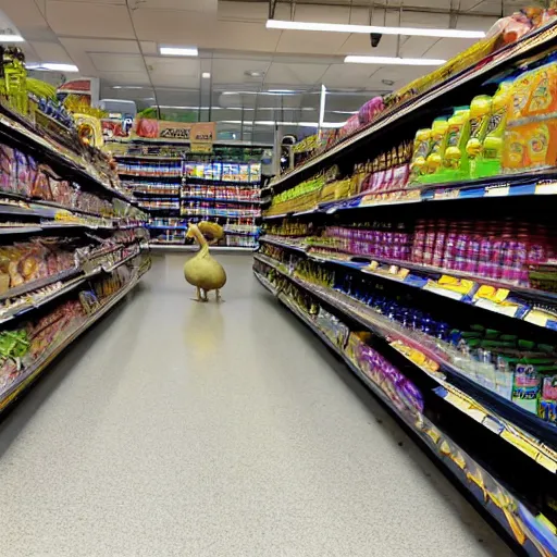 Prompt: Large ducks queuing at the checkout of a supermarket