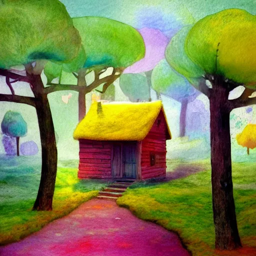 Image similar to small wooden house in the middle of spring forest, bright colours, watercolor, volumetric wool felting, macro photography, children illustration, by goro fujita