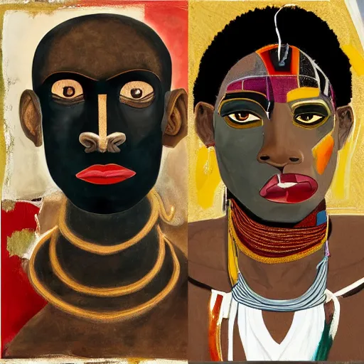 Prompt: a professionally painted african male model , clothed in ancient street wear, dark skin, red gold hair, beautiful bone structure, big symmetrical scar features, stunningly, beautiful, intricate, elegant, digital painting, smooth, sharp focus, illustration, made by, Jacob Lawrence, Sam Gilliam, Edmonia Lewis, Jean-Michel Basquiat, Henry Taylor collage