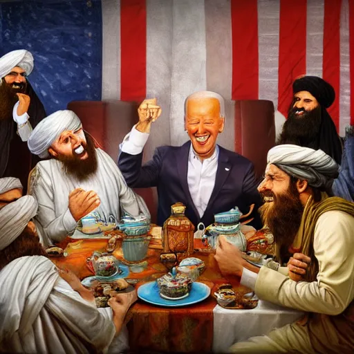 Image similar to a painting of joe biden laugh in tea party with taliban, ultra detailed face, body and gesture, justify content center, hyper realistic content, frontal hyperdetailed realistic content, sharp focus, intricate, dynamic composition, 2 colors, baroque, delete duplicate content