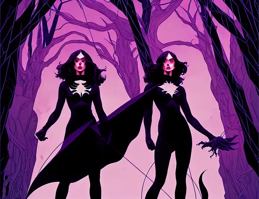 Image similar to Rafael Albuquerque comic cover art, artgerm, Joshua Middleton, pretty Stella Maeve witch doing black magic, serious look, purple dress, symmetrical eyes, symmetrical face, long black hair, full body, dark forest in the background, cool colors