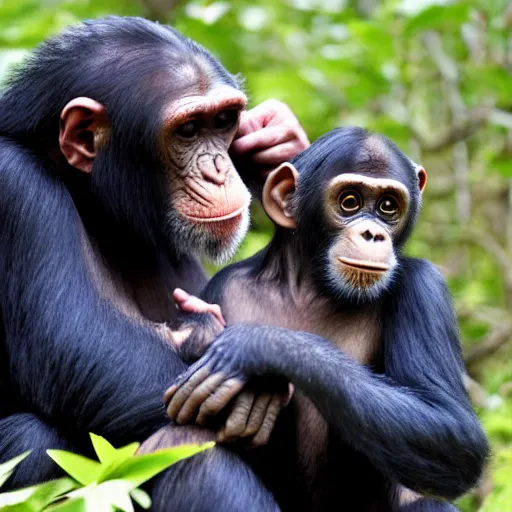 Image similar to chimpanzee grooming human, chimpanzee picking lice out of person's hair, photograph