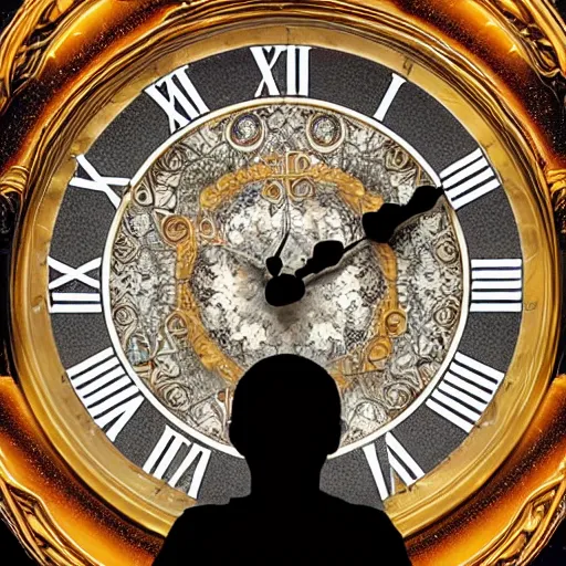 Image similar to a man looking at a giant, detailed, ornamented clock floating in the distance with the cosmos and stars visible in the background, album artwork style.