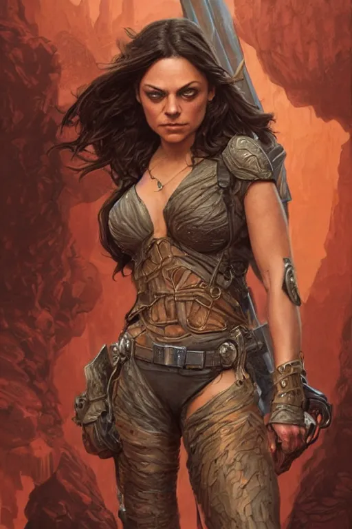 Image similar to tough Mila Kunis as a ruggedly handsome heroine, intricate, elegant, highly detailed, centered, artstation, concept art, smooth, sharp focus, illustration, bokeh art by artgerm and donato giancola and Joseph Christian Leyendecker, WLOP